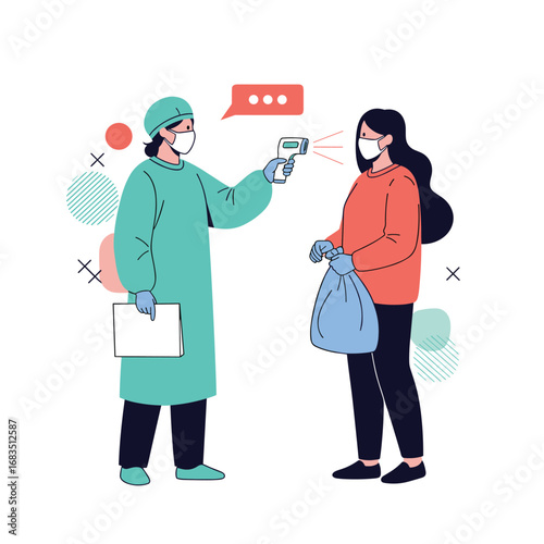 Medical professional uses infrared thermometer to check temperature of a person in public area for health screening