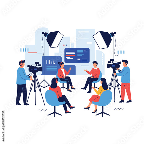 Filming a television program with interview participants and film crew professionals working together