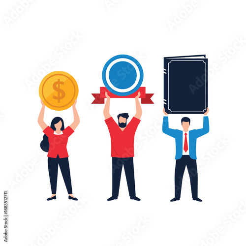 People holding up coin reward book business achievement success concept illustration