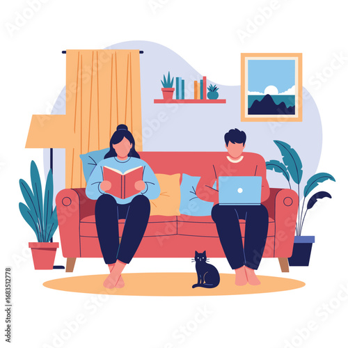 Couple relaxing at home enjoying leisure activities together on a couch