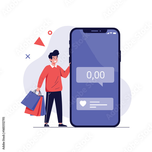 Man with shopping bags and smartphone with notification showing zero likes and purchase activity