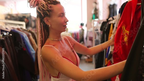 A Fashionista Enthusiastically Exploring a Vibrant and Colorful Clothing Rack in a Boutique