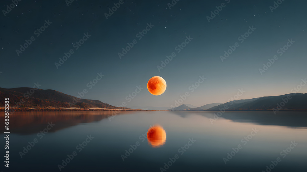Fototapeta premium Total Lunar Eclipse Reflected in Calm Lake, Red Glowing Moon, Clear Night Sky, Cinematic Realistic Style