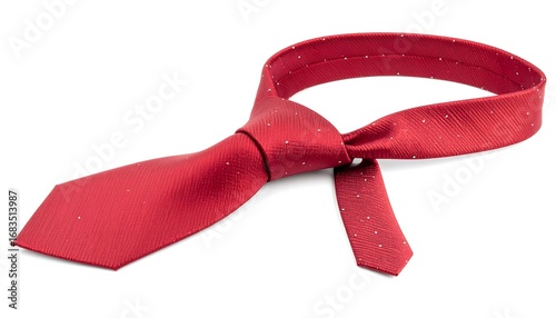 A vibrant red tie with subtle white speckles, tied in a classic knot, lies angled against a plain white background.