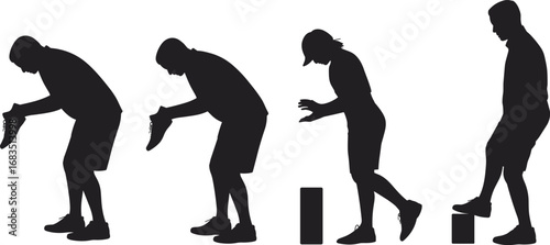 Step-up exercise silhouette set, fitness movement sequence, workout preparation icons, black figure illustration, physical activity poses, training steps, gym routine, health graphic