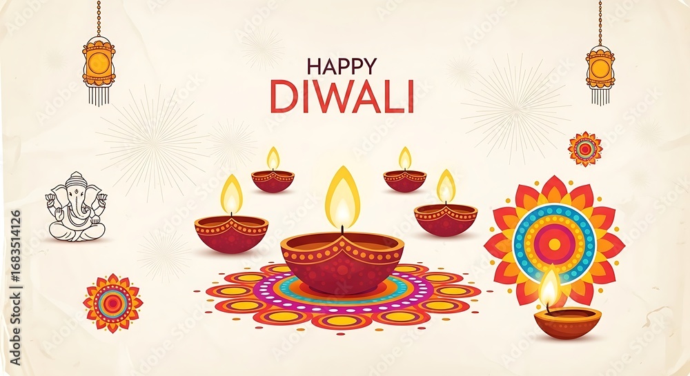 Naklejka premium Happy diwali greeting card with diya lamps isolated on white background