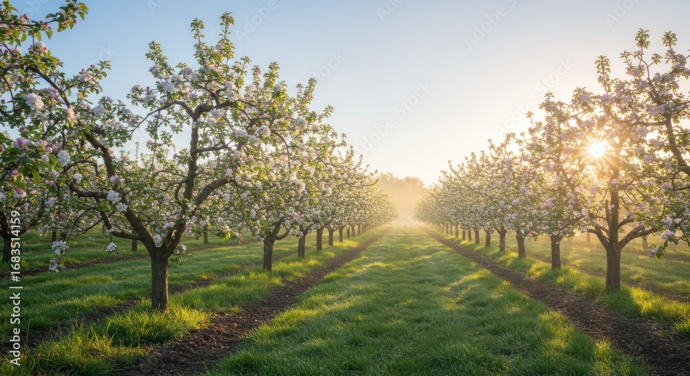 Fototapeta premium A serene orchard path lined with blooming trees, bathed in the soft morning light, showcasing the beauty of spring.