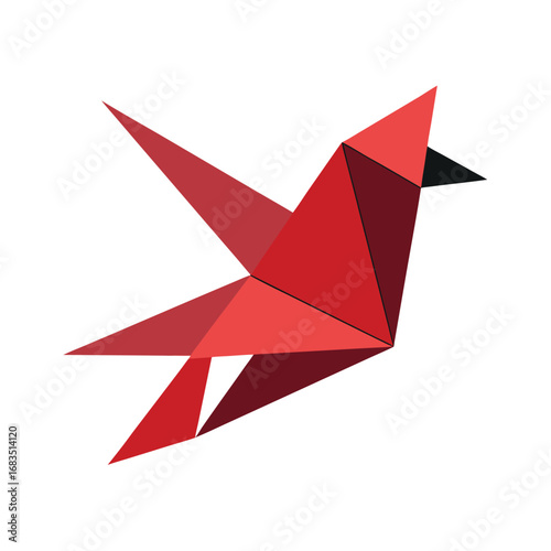 Red origami bird in flight on white background wings spread