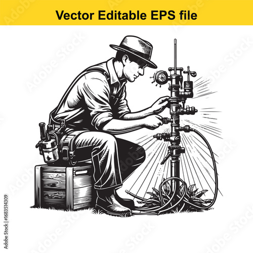 Man in hat working on vintage machinery with wires and tools