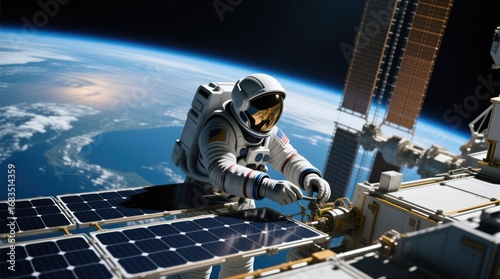Fototapeta Naklejka Na Ścianę i Meble -  Astronaut working on solar panels of space station orbiting Earth