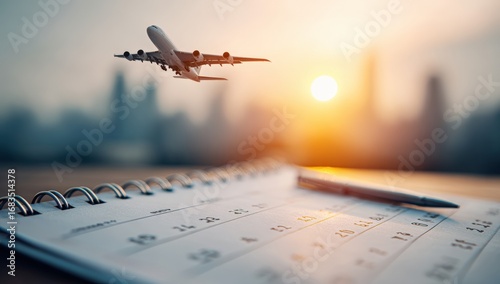 Airplane over a calendar at sunrise