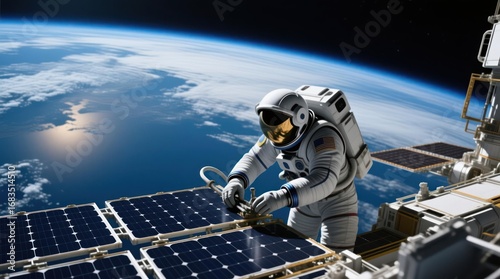 Fototapeta Naklejka Na Ścianę i Meble -  Astronaut working on solar panels of a space station orbiting Earth