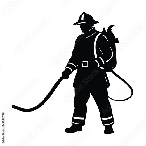 Silhouette of a firefighter holding a hose fireman