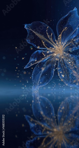 A translucent, glowing flower in deep blue.  Gold specks adorn its petals, reflecting on a dark surface