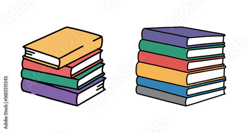 Stack of colorful books illustrations set. Education and school literature symbols on white background.