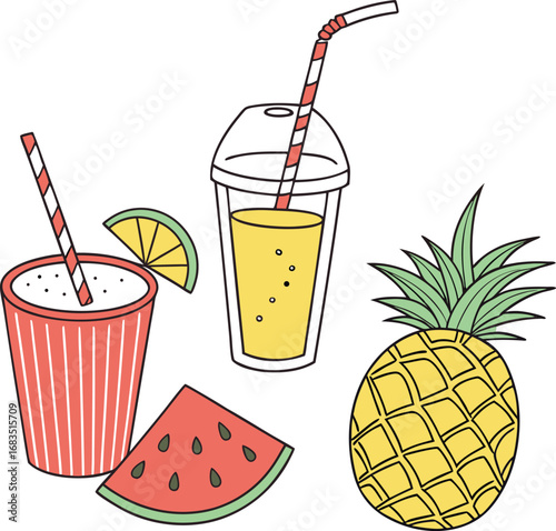Art of vector Illustration in glass of juice and fruits set