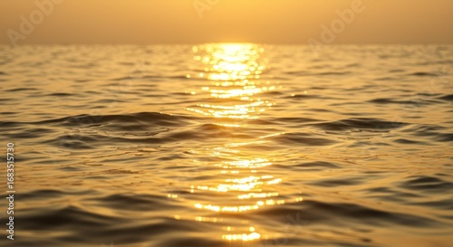 Golden sunlight reflects on tranquil water surface at sunrise, creating a serene and warm scene.