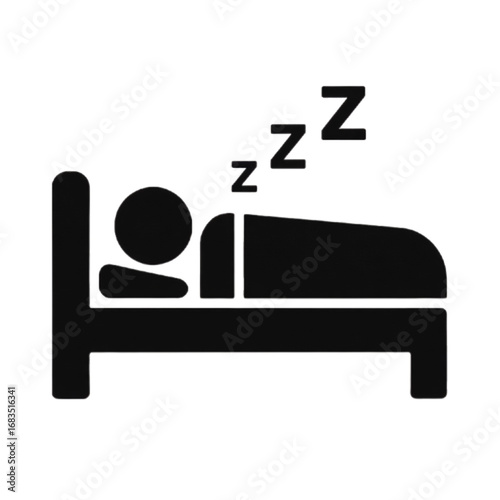 sleeping person icon, Icon man sleeping on bed on white background vector, A simple black and white drawing of a person sleeping in a bed under a blanket on a pillow. Generative ai