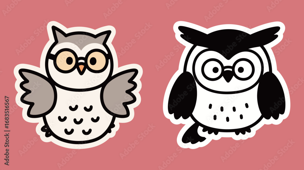 Cute cartoon owl with glasses doodle stickers. A symbol of wisdom and intelligence. Cute cartoon owl with glasses doodle stickers. A symbol of wisdom and intelligence.