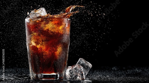 Dark soda in glass with ice and splash