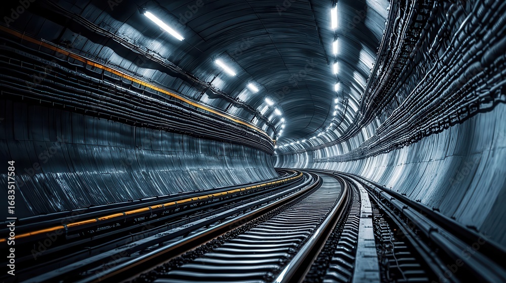 Obraz premium Wideangle view of a subway tunnel with endless tracks disappearing into the distance, sense of depth and speed