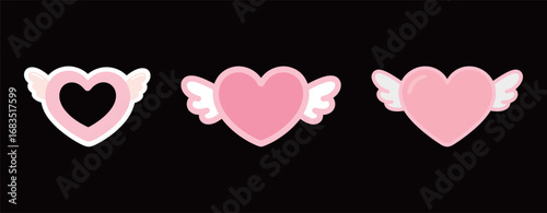 Pink heart with wings doodle illustrations set. A symbolic icon of love, romance, and dreams.