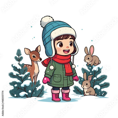 A little girl with a dog smiles in a fun winter holiday cartoon illustration