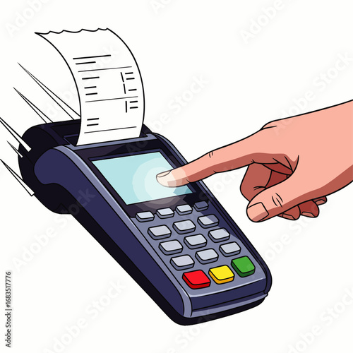 A human hand interacts with a modern point-of-sale terminal, generating a receipt, illustrating efficient financial transactions and retail payment processing.