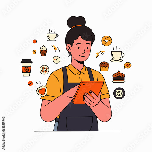 A cheerful female barista uses a digital tablet to manage her cafe business, surrounded by coffee and pastry icons, symbolizing efficient online service.