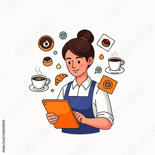 This illustration depicts a diligent cafe professional utilizing a modern tablet device amidst an inviting assortment of delightful pastries and hot beverages.