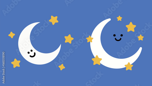 Cute cartoon crescent moon with stars doodle illustration set on a blue background.