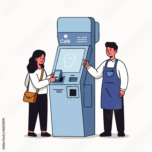 A customer uses a modern self-service cafe kiosk with assistance from a friendly barista, showcasing digital ordering and payment convenience.