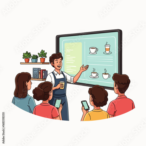 An engaging barista instructor passionately teaches a group of diverse students about various coffee preparations using a modern digital display.