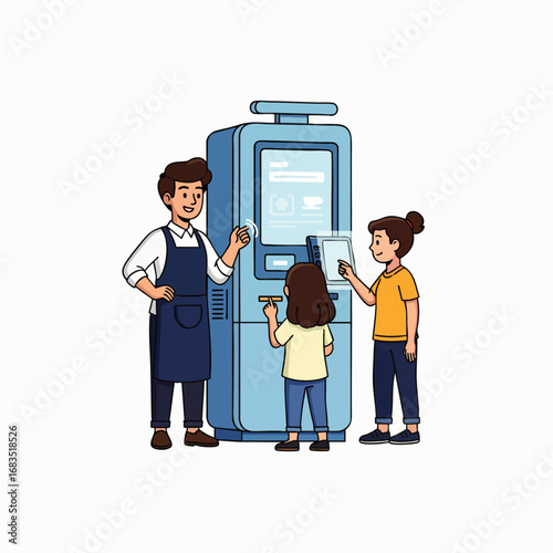 An adult staff member assists two young children in operating a modern self-service kiosk, demonstrating new technology for ordering or information.