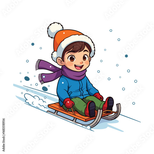 Vector drawing of a cartoon child having fun snowboarding on a snowy winter day