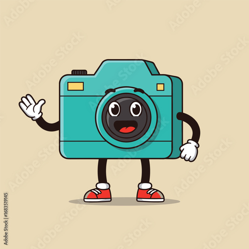 Cartoon groovy photo camera retro character. Isolated vector funky, hippie style photocamera personage adorned with vibrant daisy flowers, stars and playful smile push shooting button to make snapshot
