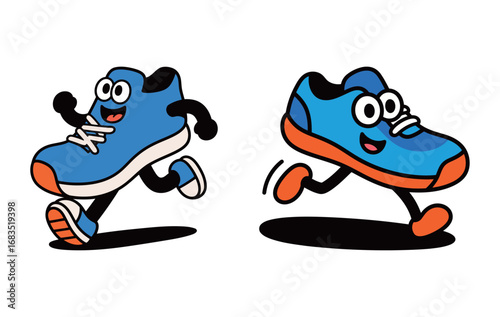 Two cute and funny cartoon running shoe characters with happy smiling faces and arms, representing sports, running and fitness.