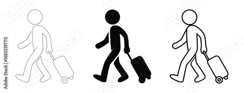 Set of travel web icons representing a person walking with luggage in a minimalistic design style for various digital applications