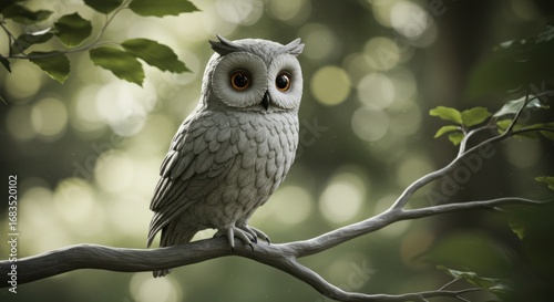 A cute white owl with large, orange eyes perches on a branch amidst lush, green foliage