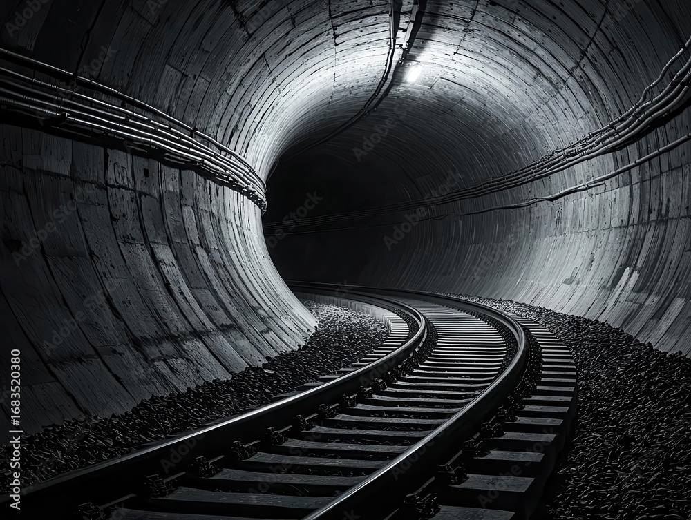 Obraz premium Highresolution capture of a subway tunnel s curvature, vanishing point drawing the eye into the depths of the metro