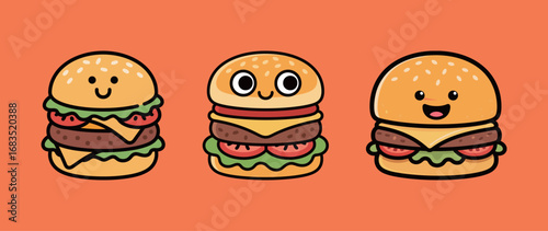 A set of three cute cartoon hamburger characters with happy smiling faces, representing fast food, joy, and delicious meals.