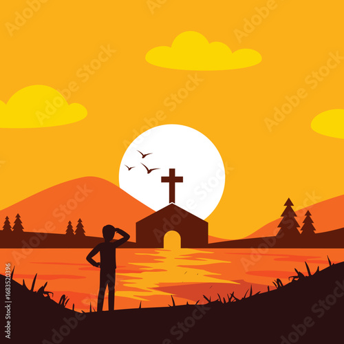 Man Looking at Church Silhoue...