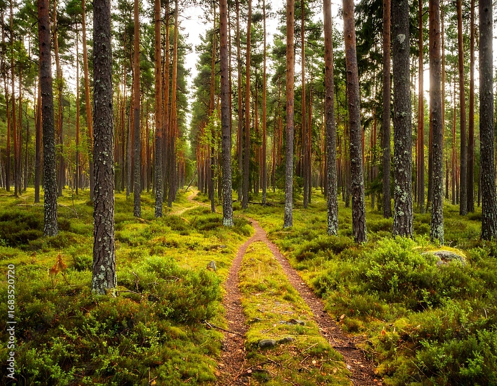 Obraz premium A serene forest path winds through a dense stand of tall pines, bathed in soft, natural light.