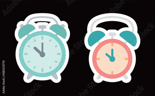 A set of two cute pastel cartoon alarm clock stickers on a black background, representing time, morning and waking up.