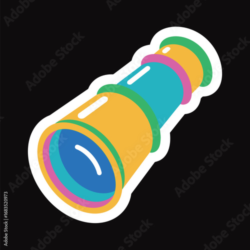 A cute and colorful cartoon monocular sticker on a black background, representing discovery, adventure and exploration.