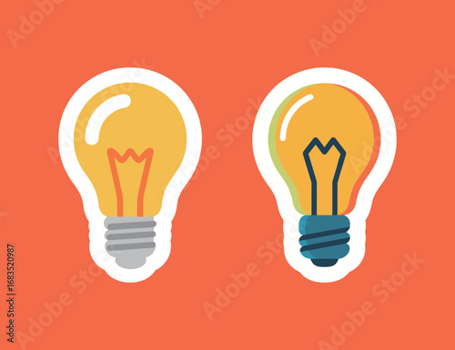 A set of two cute cartoon light bulb stickers on an orange background, representing ideas, innovation and thinking.