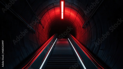 Subway station escalator leading into a dark tunnel, cinematic lighting creating a mysterious underground scene