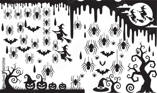 Spooky Halloween scene with flying witches, bats, spiders, and jack-o'-lanterns