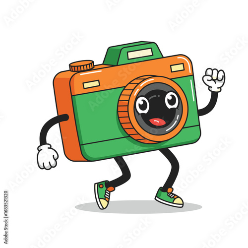 Cartoon groovy photo camera retro character. Isolated vector funky, hippie style photocamera personage adorned with vibrant daisy flowers, stars and playful smile push shooting button to make snapshot