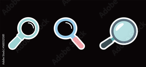 A set of three cute cartoon magnifying glass stickers on a black background, representing search, discovery and exploration.